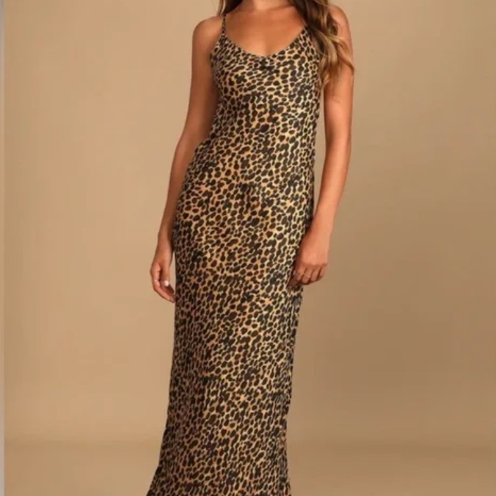 Leopard V Neck Print Slip Column Maxi Dress in Brown Animal Print w/ Low Back